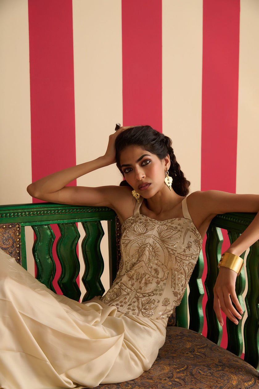 Ivory Corset And Draped Skirt Set