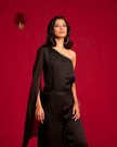 Black one-shoulder top and pant set.