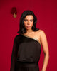 Black one-shoulder top and pant set.