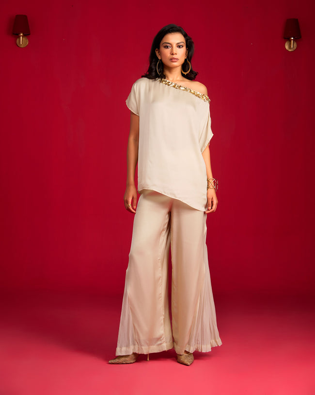 Champagne Off-shoulder Top And Tie-up Skirt Set
