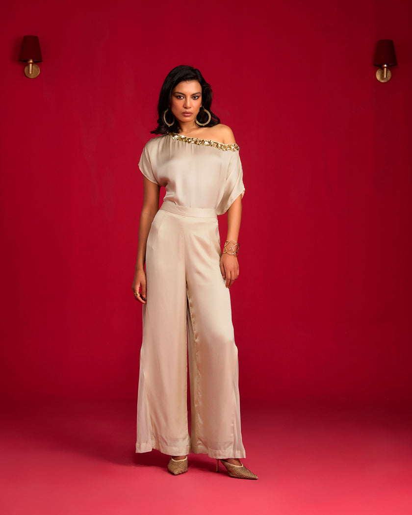 Champagne Off-shoulder Top And Tie-up Skirt Set