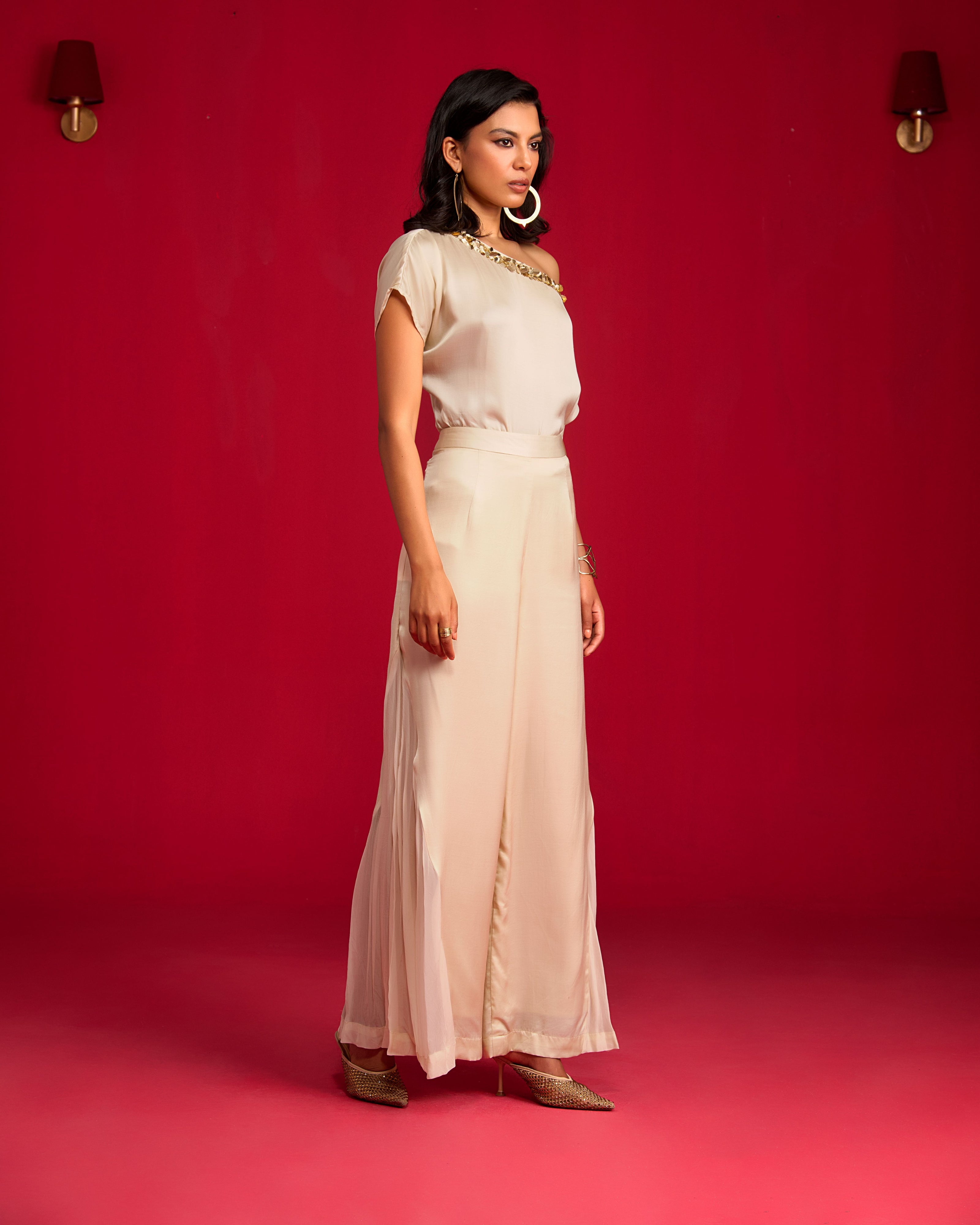Champagne Off-shoulder Top And Tie-up Skirt Set