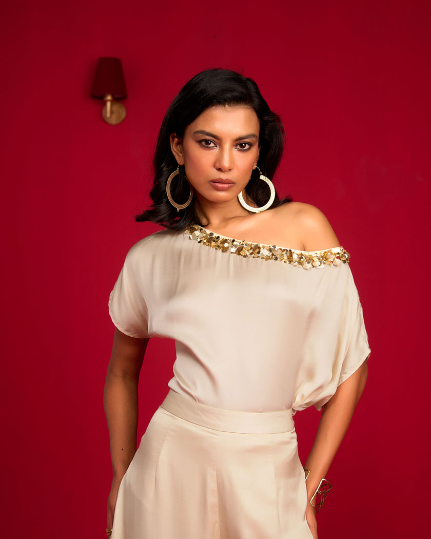 Champagne Off-shoulder Top And Tie-up Skirt Set