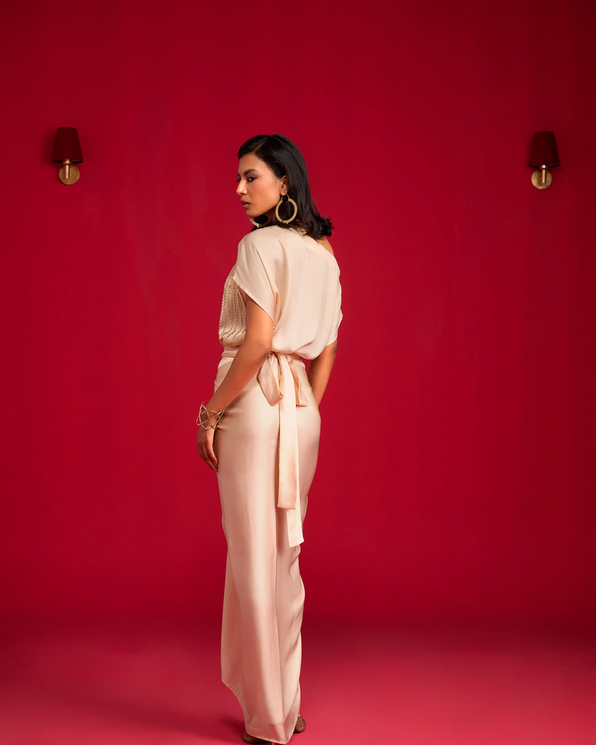 Ivory off-shoulder Top And Pants Set.