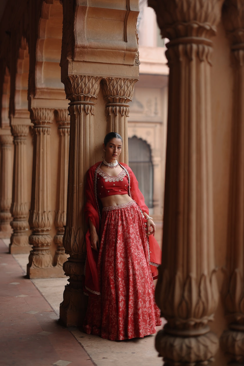 Red Dupion Silk Embroidered and Printed Lehenga Set