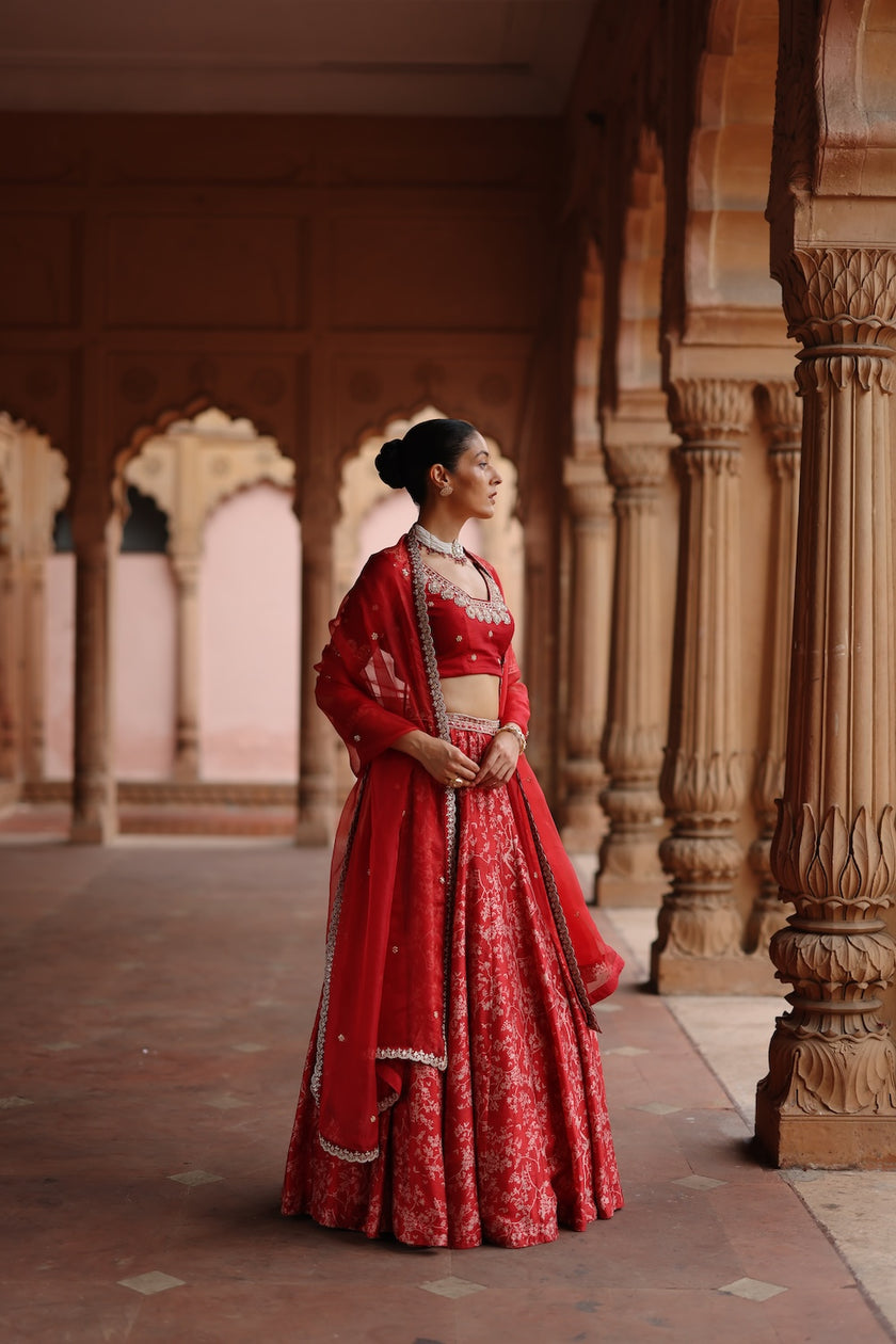 Red Dupion Silk Embroidered and Printed Lehenga Set