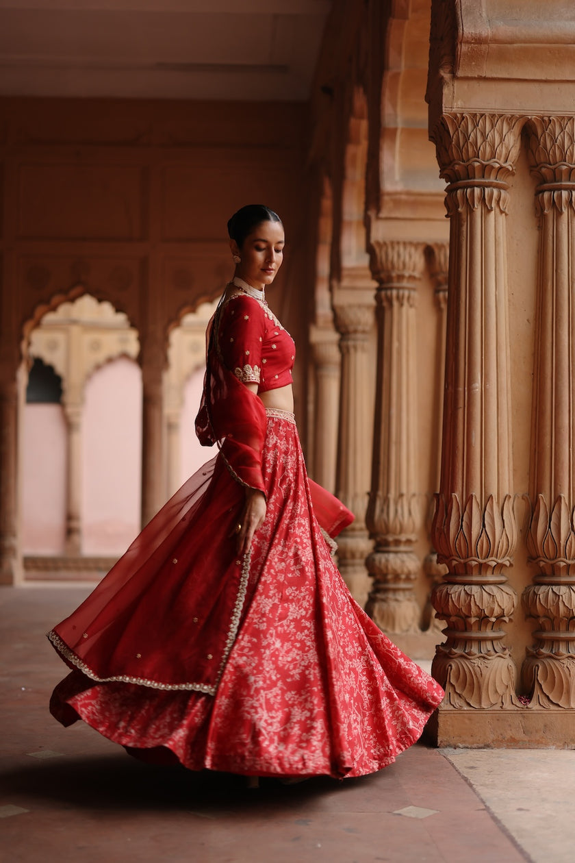 Red Dupion Silk Embroidered and Printed Lehenga Set