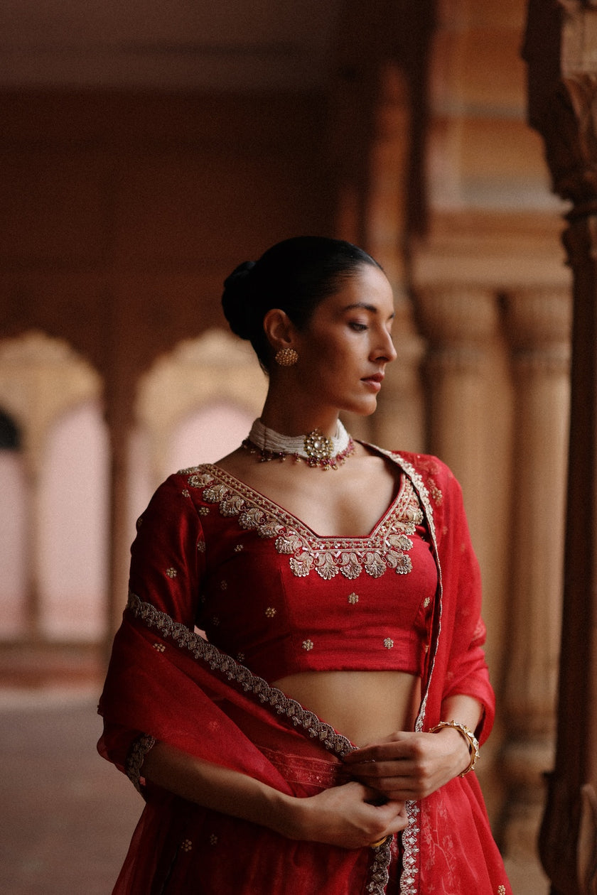 Red Dupion Silk Embroidered and Printed Lehenga Set