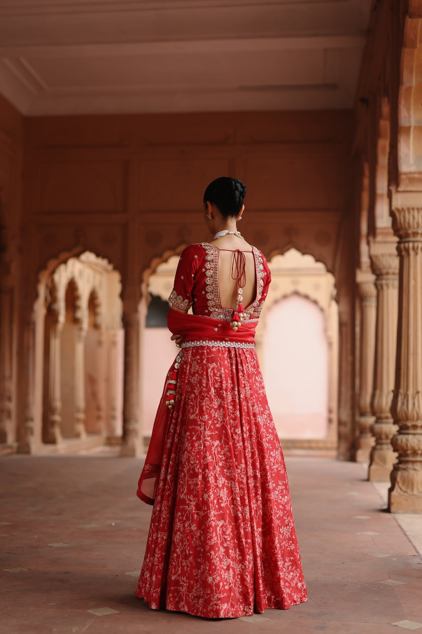 Red Dupion Silk Embroidered and Printed Lehenga Set