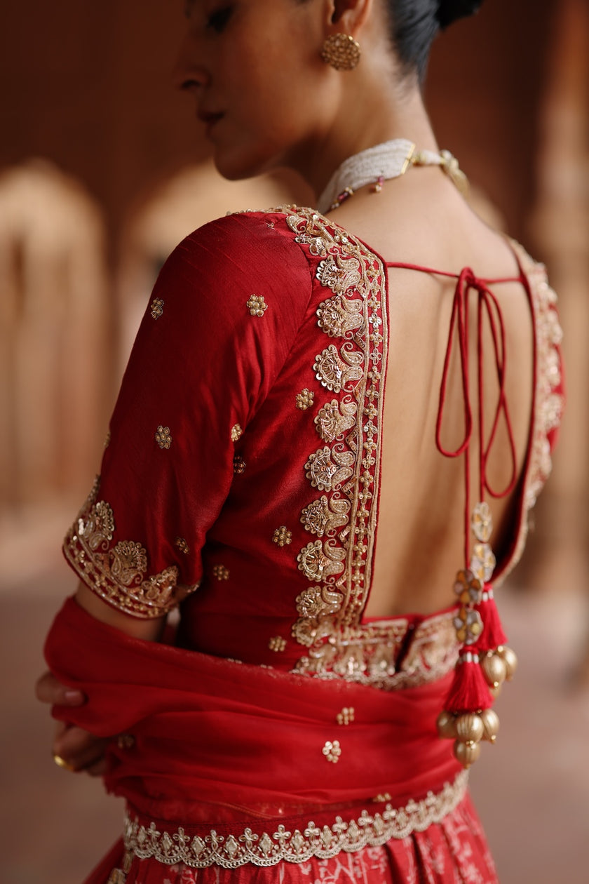 Red Dupion Silk Embroidered and Printed Lehenga Set