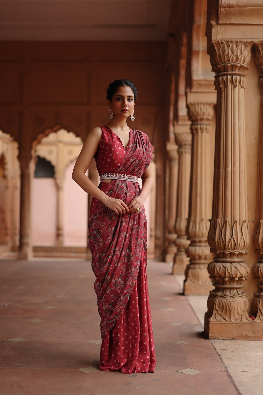 Red Dupion Silk Printed Pre Stitched Saree Set