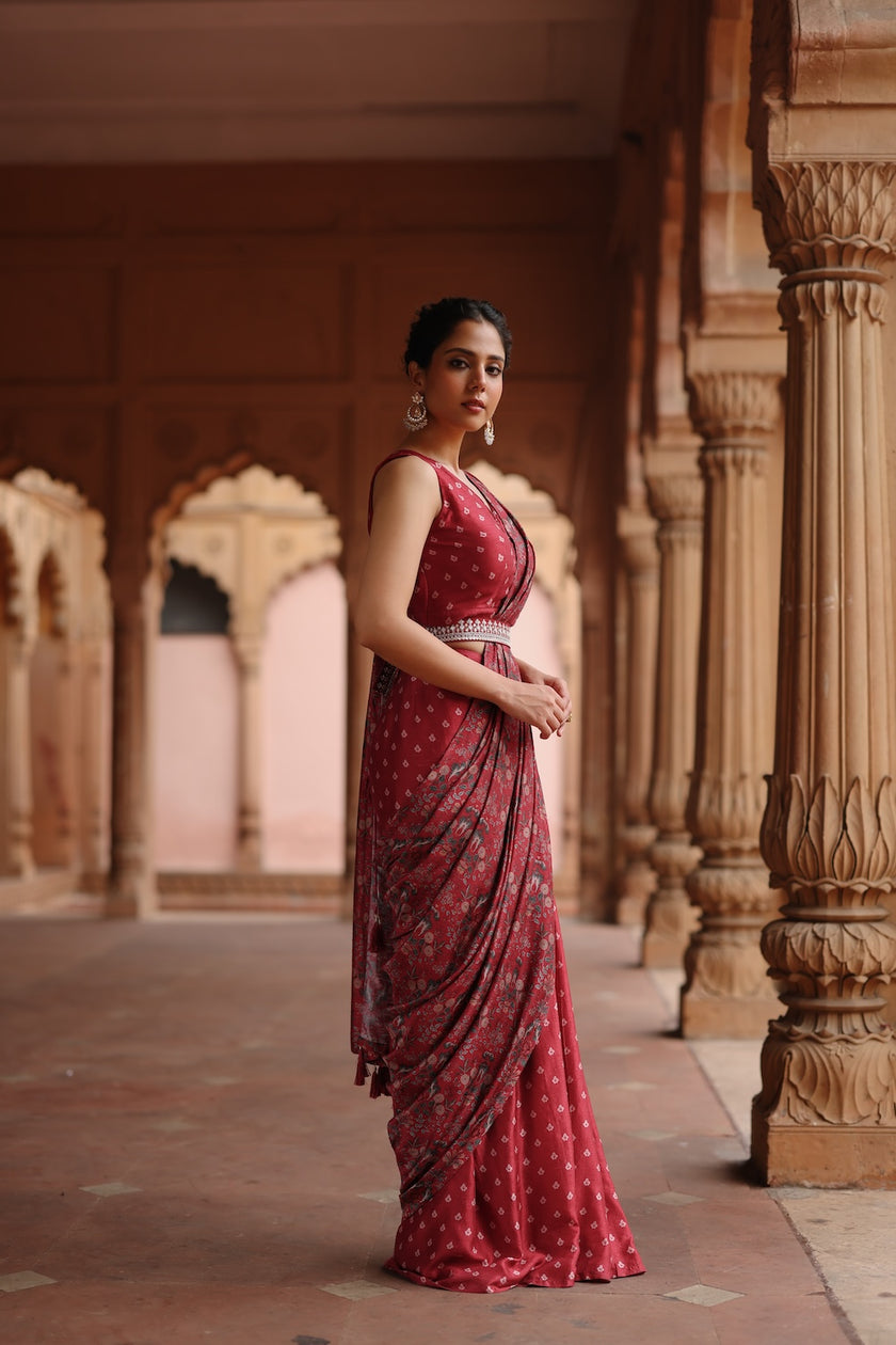 Red Dupion Silk Printed Pre Stitched Saree Set