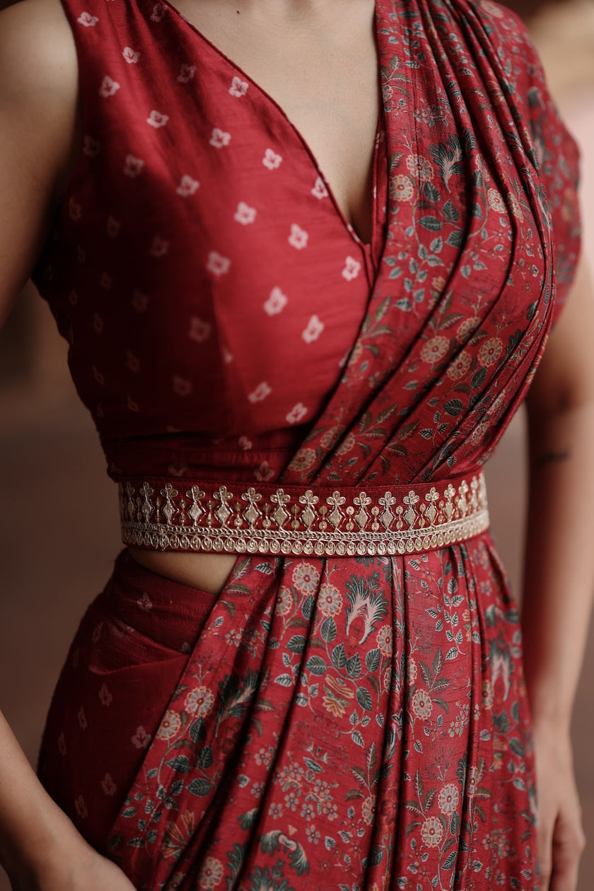 Red Dupion Silk Printed Pre Stitched Saree Set