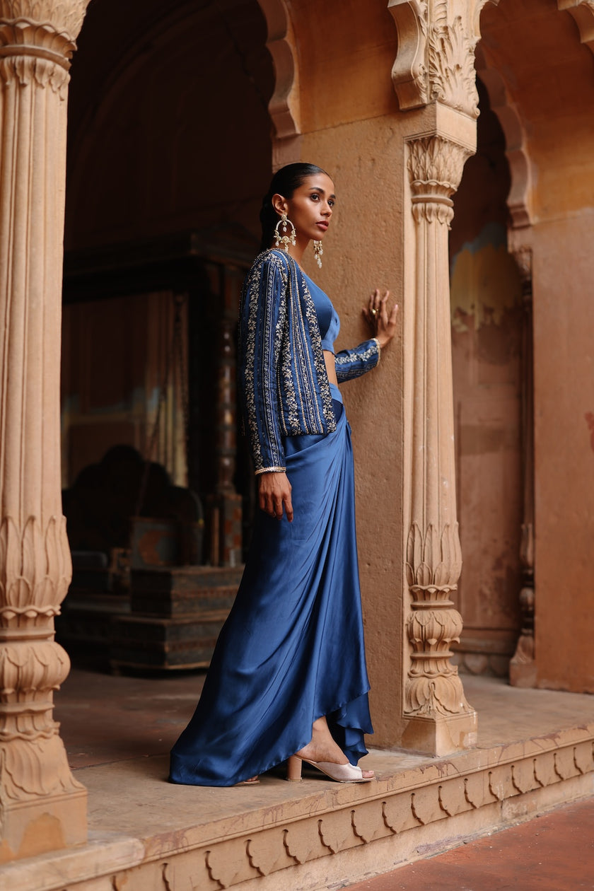Blue Dupion Silk Printed and Hand Embroidered Jacket With Satin Drape Skirt