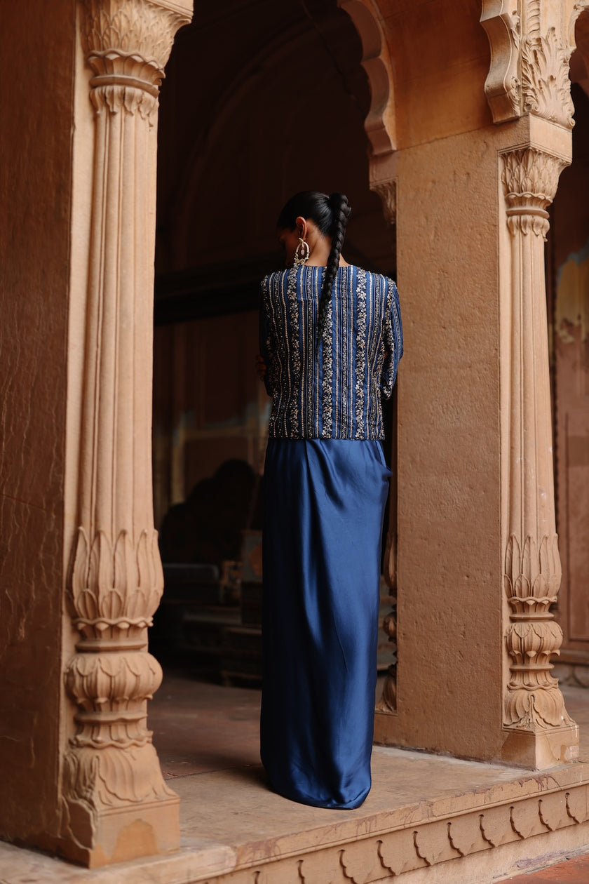 Blue Dupion Silk Printed and Hand Embroidered Jacket With Satin Drape Skirt