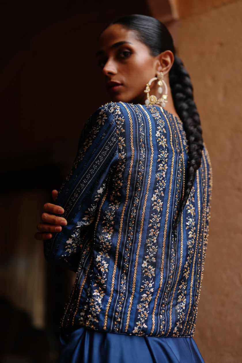 Blue Dupion Silk Printed and Hand Embroidered Jacket With Satin Drape Skirt