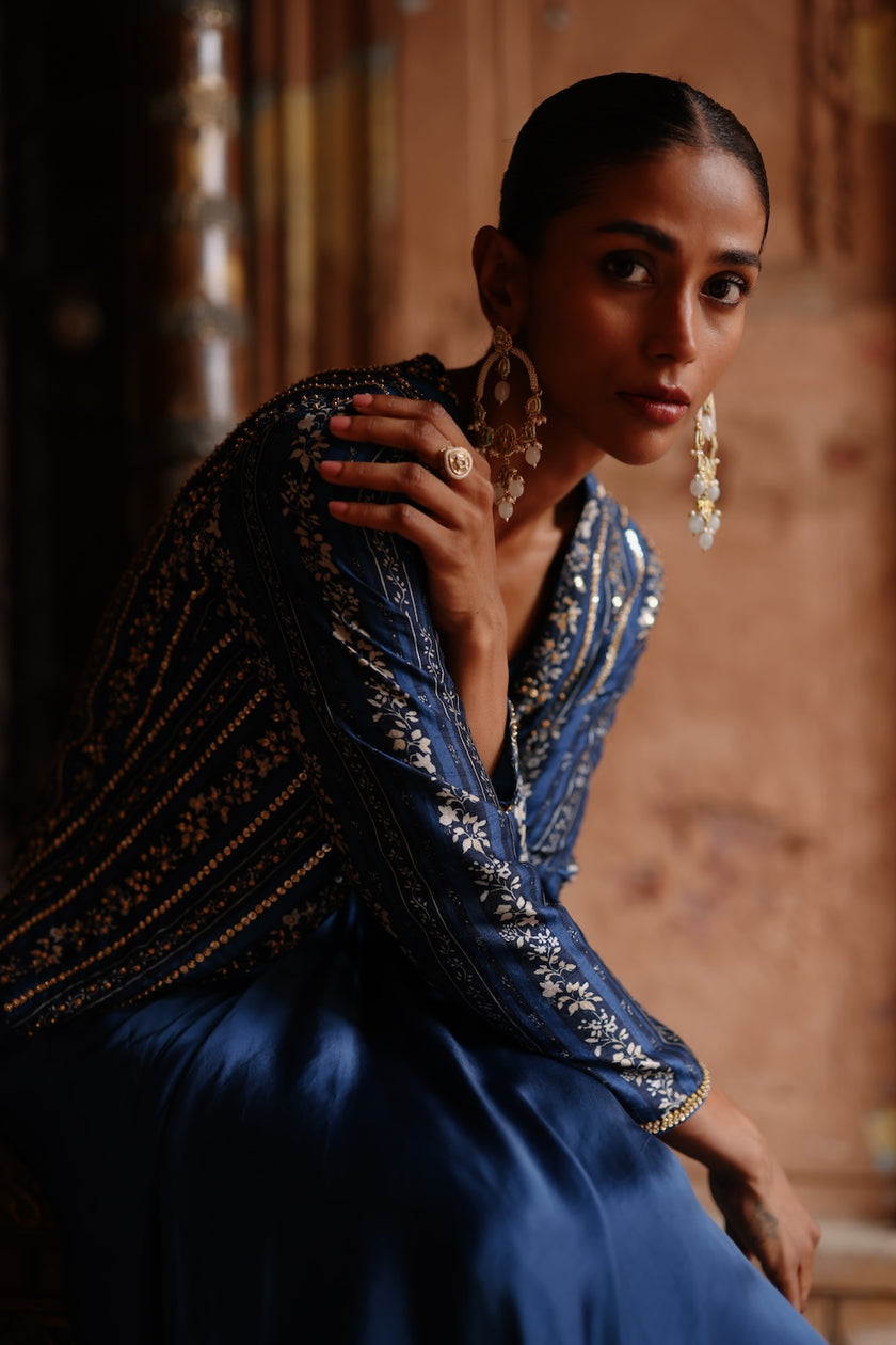 Blue Dupion Silk Printed and Hand Embroidered Jacket With Satin Drape Skirt