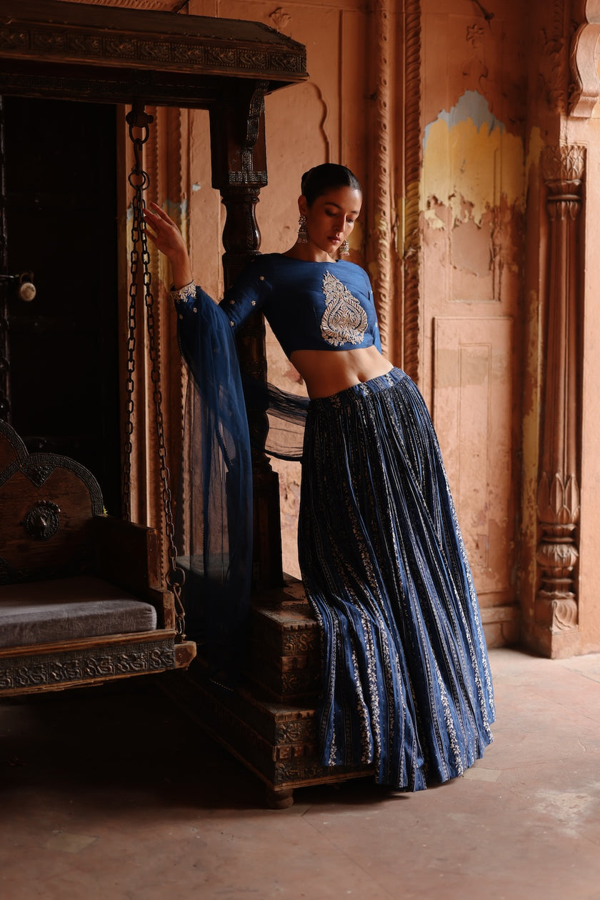 Blue Dupion Silk Embroidered and Printed Lehenga Set