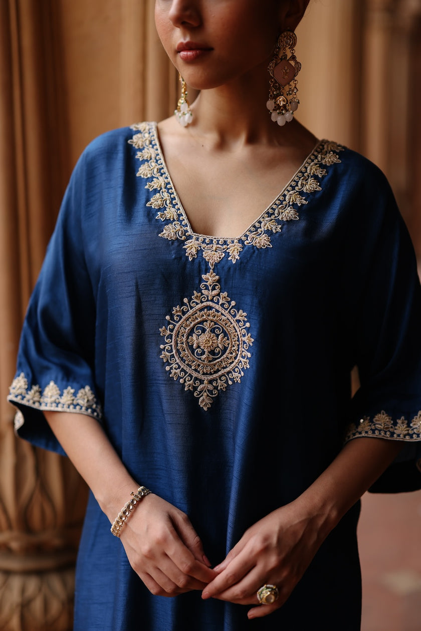 Blue Printed and Hand Embroidered Dupion Silk Kurta Set