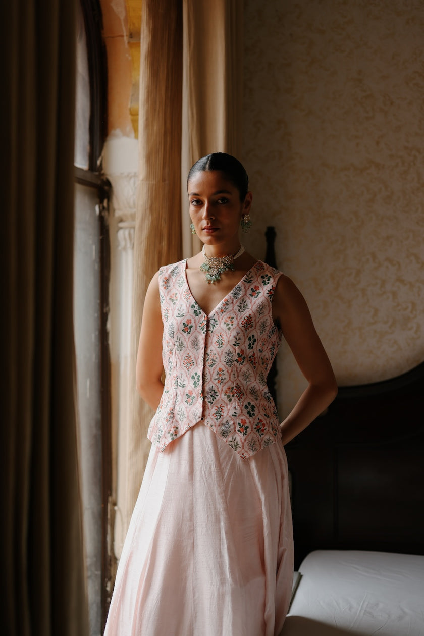 Pink Dupion Silk Printed Waistcoat and Skirt Set
