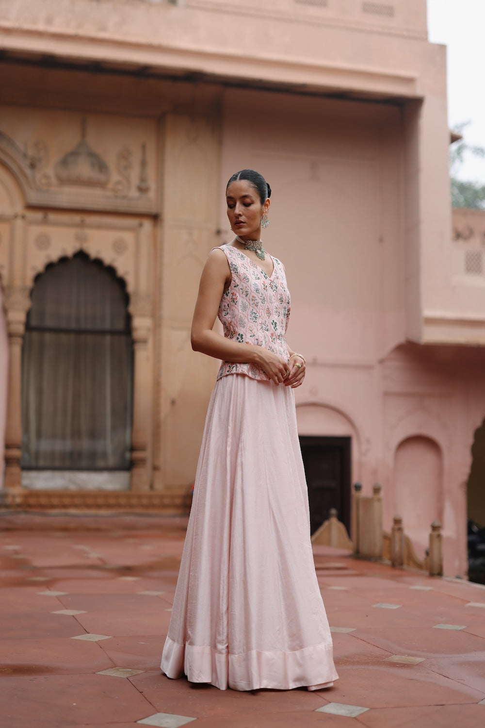 Pink Dupion Silk Printed Waistcoat and Skirt Set
