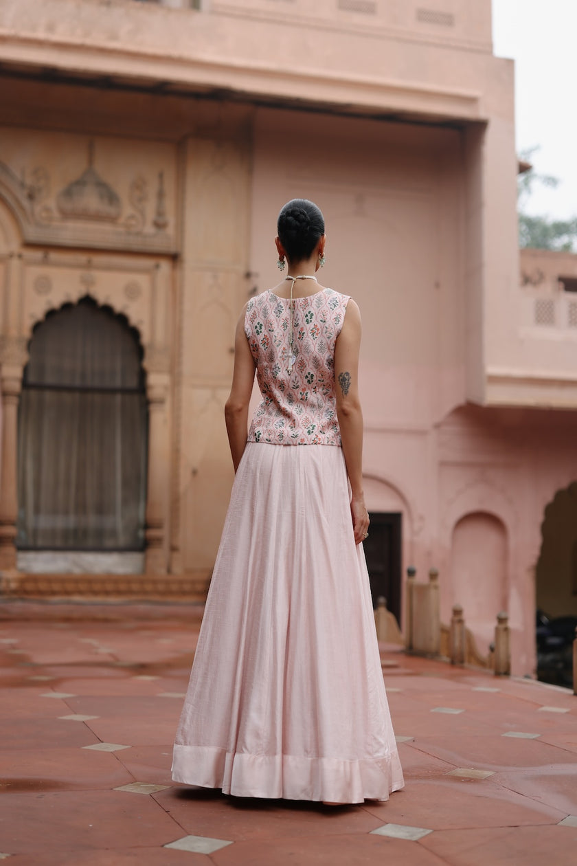 Pink Dupion Silk Printed Waistcoat and Skirt Set