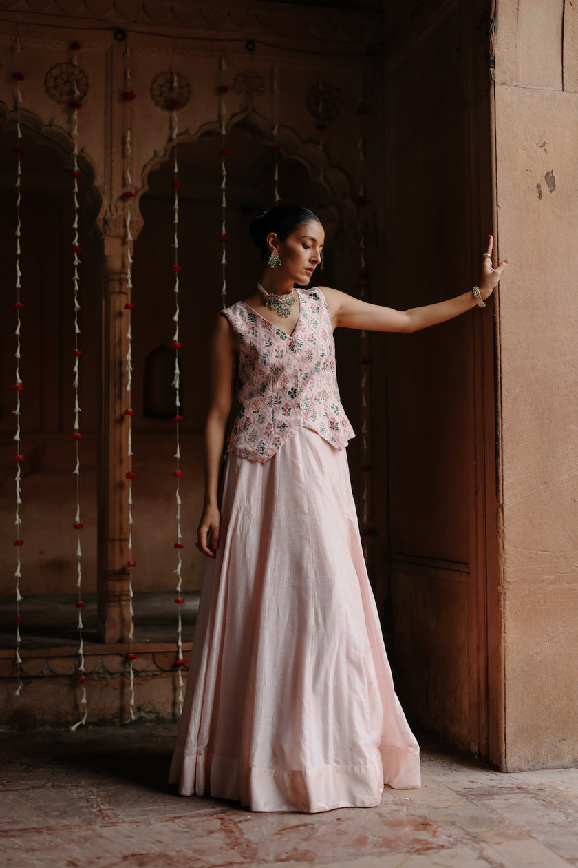 Pink Dupion Silk Printed Waistcoat and Skirt Set