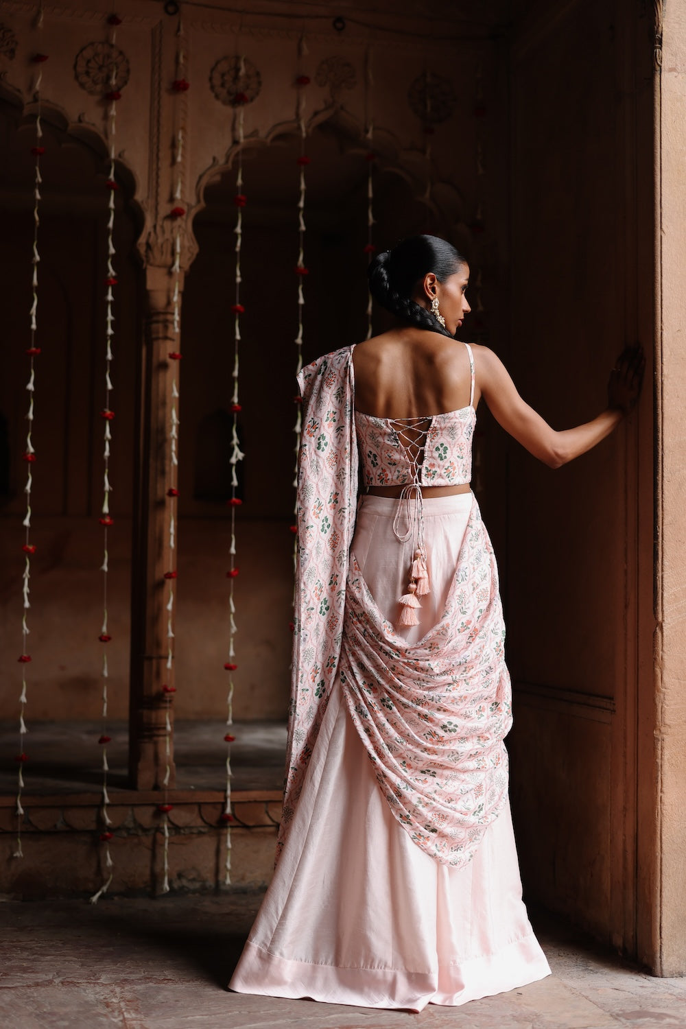 Pastel Pink Dupion Silk Printed Fusion Saree Set