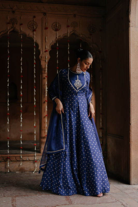 Blue Dupion Silk Embroidered and Printed Anarkali Set