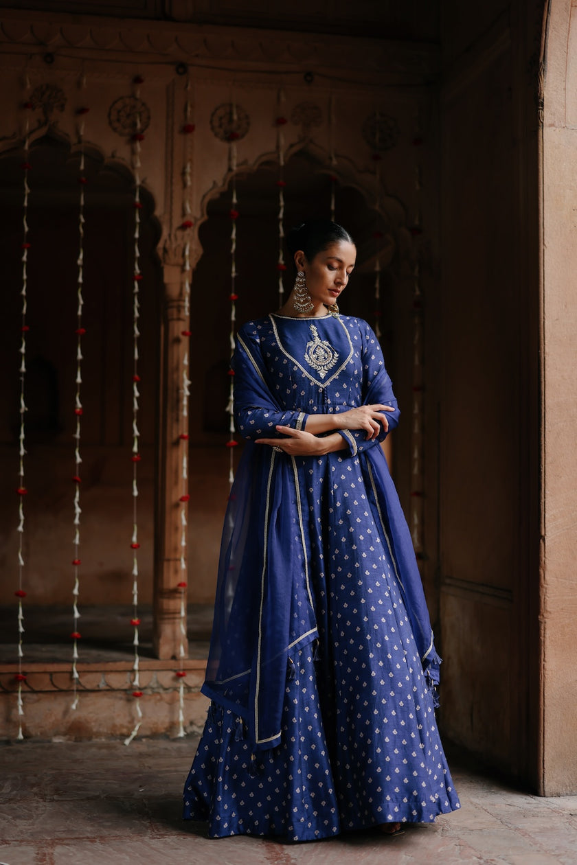 Blue Dupion Silk Embroidered and Printed Anarkali Set