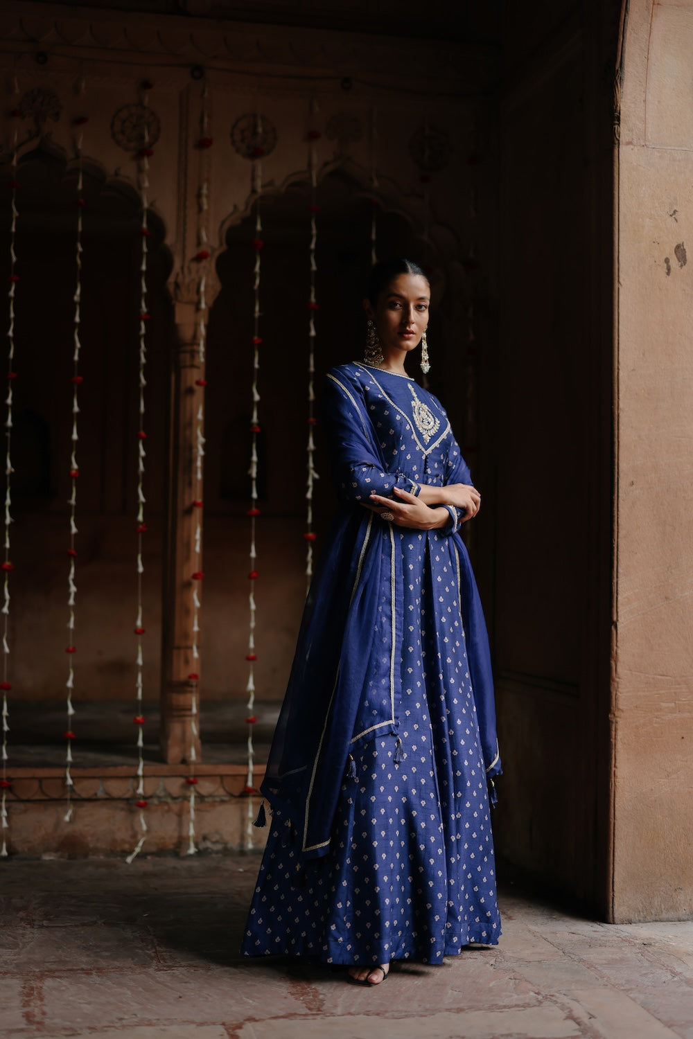 Blue Dupion Silk Embroidered and Printed Anarkali Set