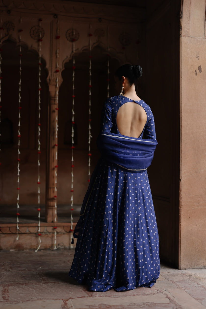 Blue Dupion Silk Embroidered and Printed Anarkali Set