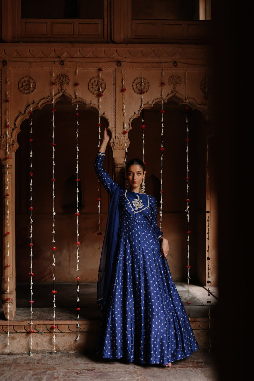 Blue Dupion Silk Embroidered and Printed Anarkali Set