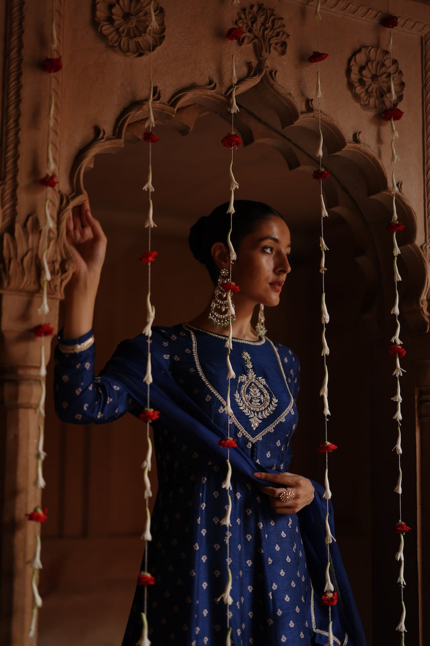 Blue Dupion Silk Embroidered and Printed Anarkali Set