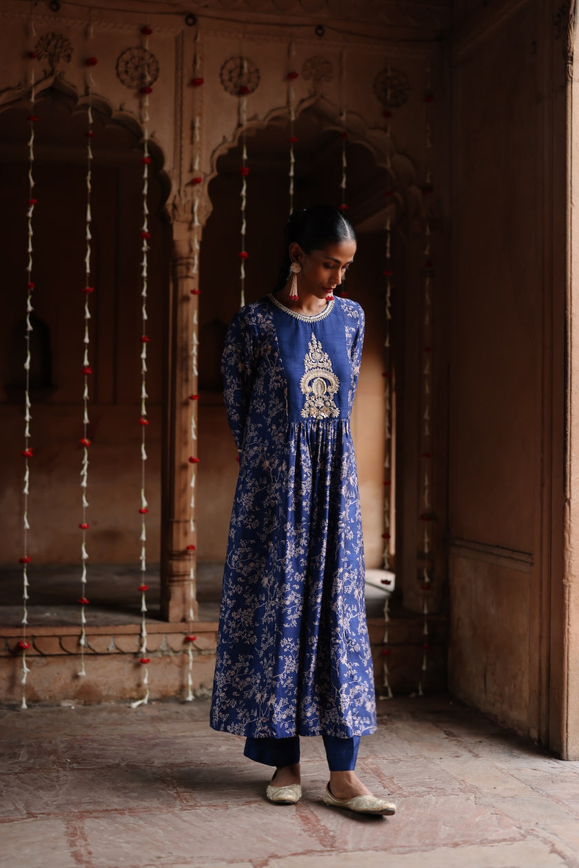Blue Printed and Hand Embroidered  Dupion Silk Kurta Set