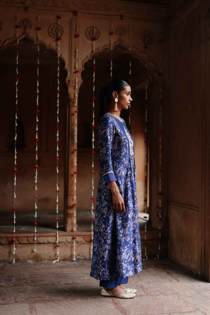 Blue Printed and Hand Embroidered  Dupion Silk Kurta Set