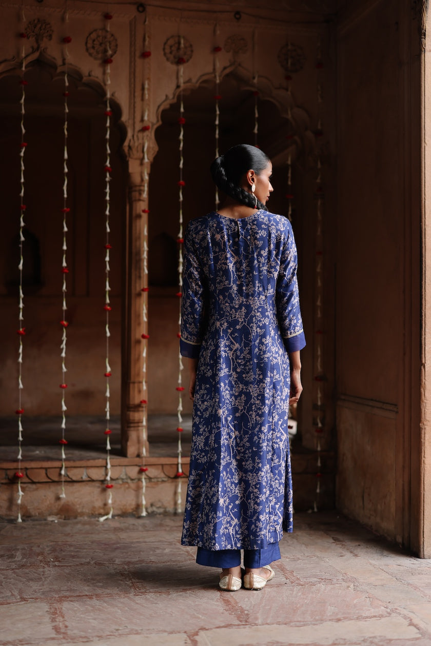 Blue Printed and Hand Embroidered  Dupion Silk Kurta Set