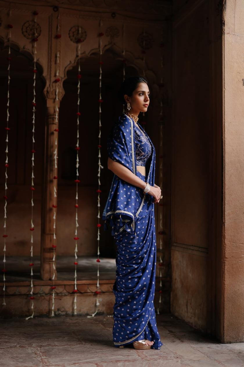 Blue Dupion Silk Printed Pre-Stitched Saree