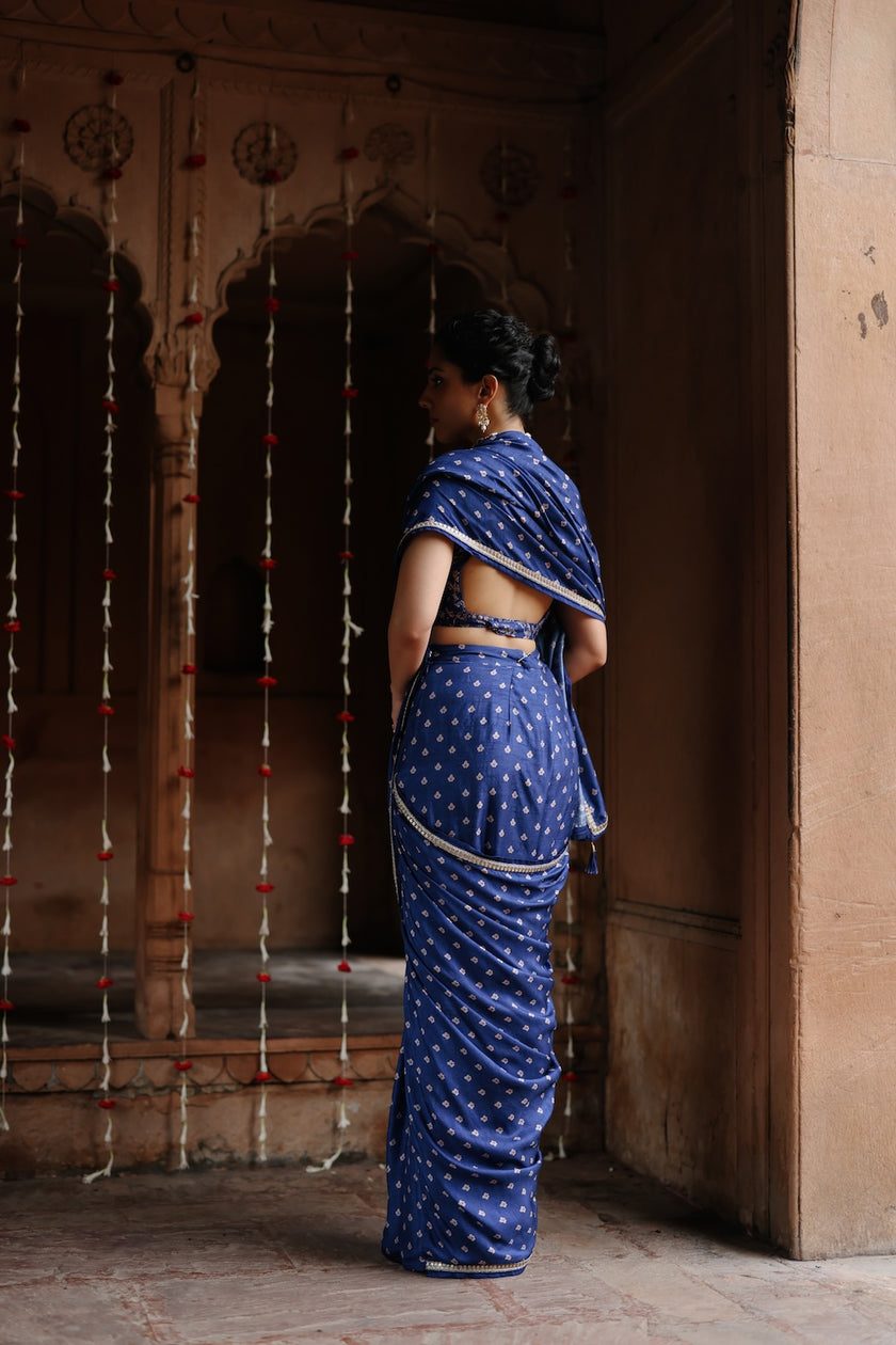 Blue Dupion Silk Printed Pre-Stitched Saree