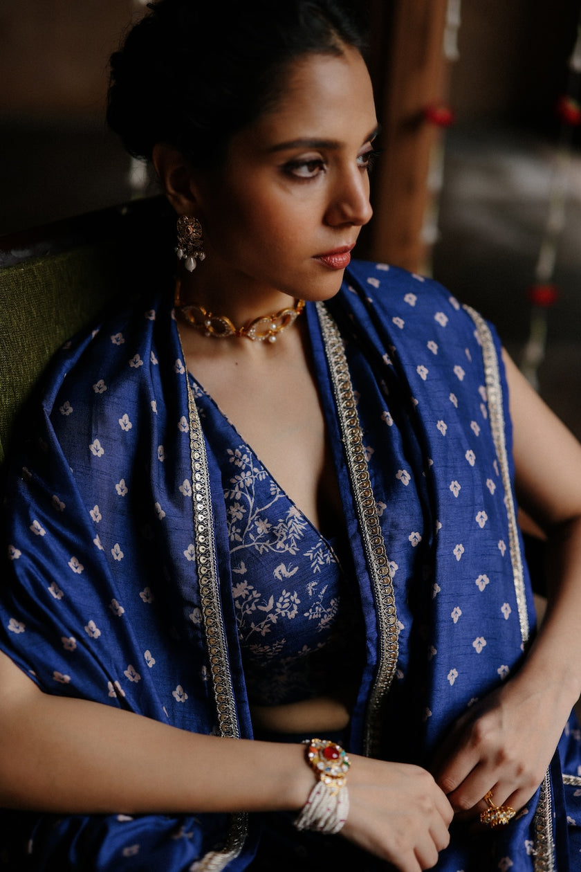 Blue Dupion Silk Printed Pre-Stitched Saree