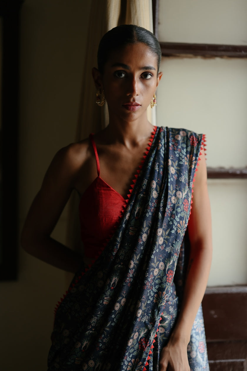 Blue Dupion Silk Printed Pre Stitched Saree Set