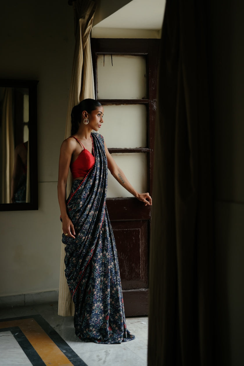 Blue Dupion Silk Printed Pre Stitched Saree Set