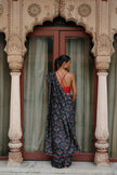 Blue Dupion Silk Printed Pre Stitched Saree Set