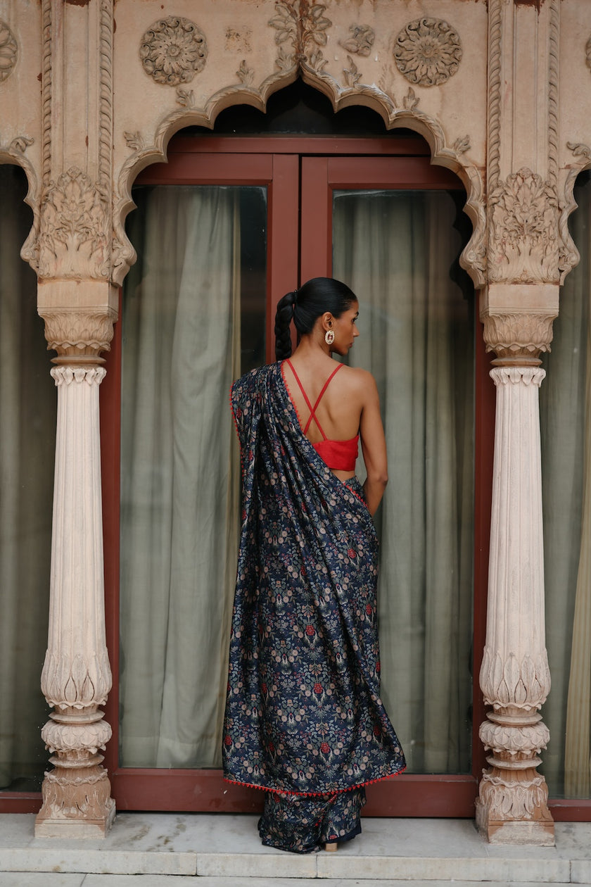 Blue Dupion Silk Printed Pre Stitched Saree Set