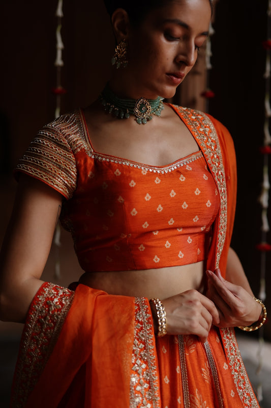 Orange Dupion Silk Embroidered and Printed Lehenga Set