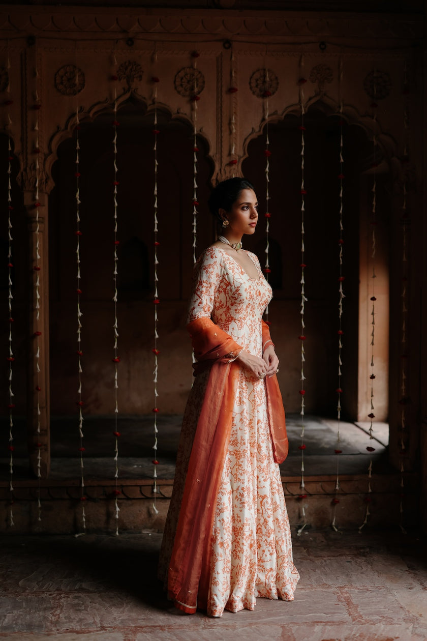 Cream Dupion Silk Printed and Embroidered Anarkali Set