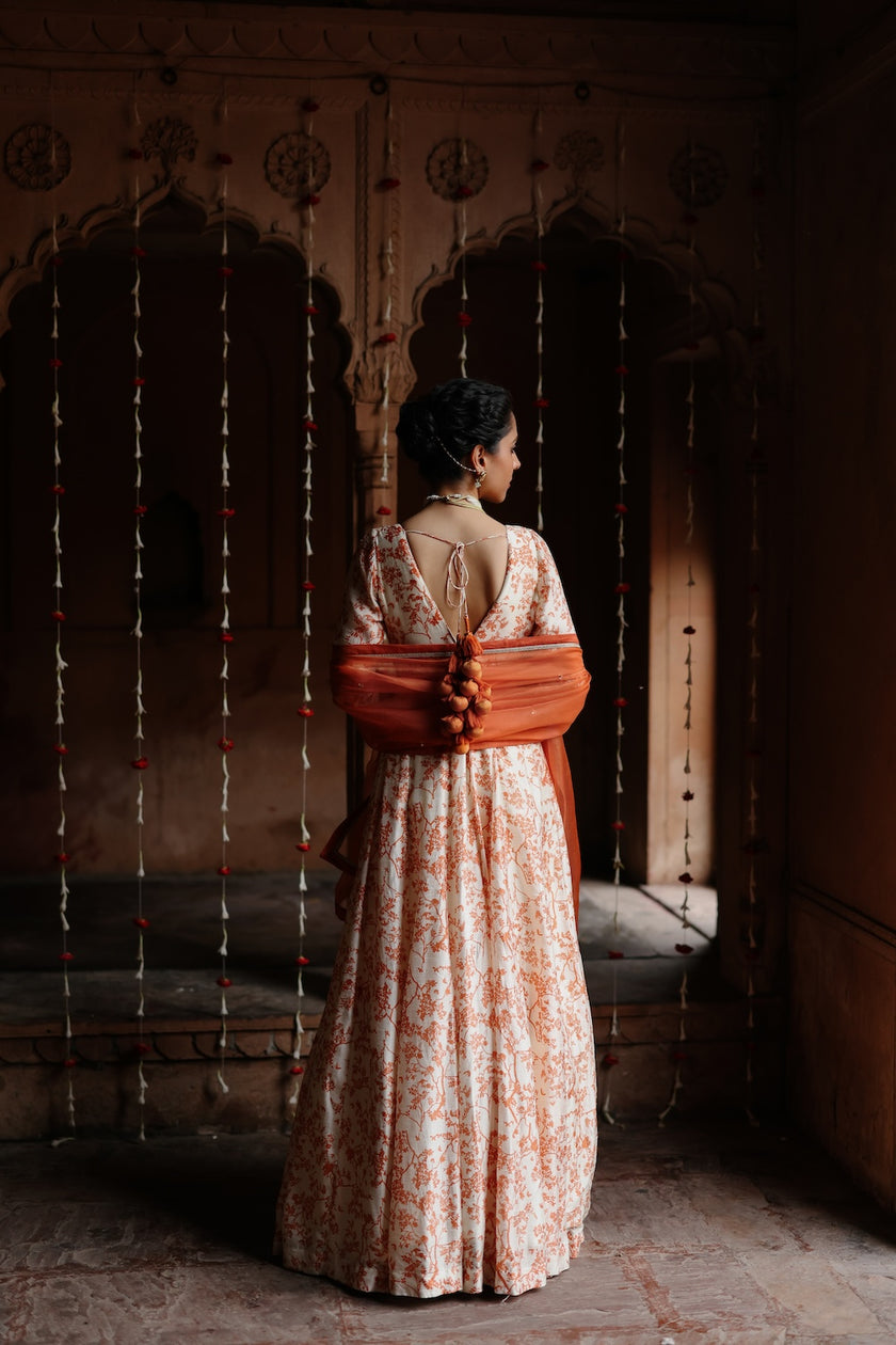 Cream Dupion Silk Printed and Embroidered Anarkali Set