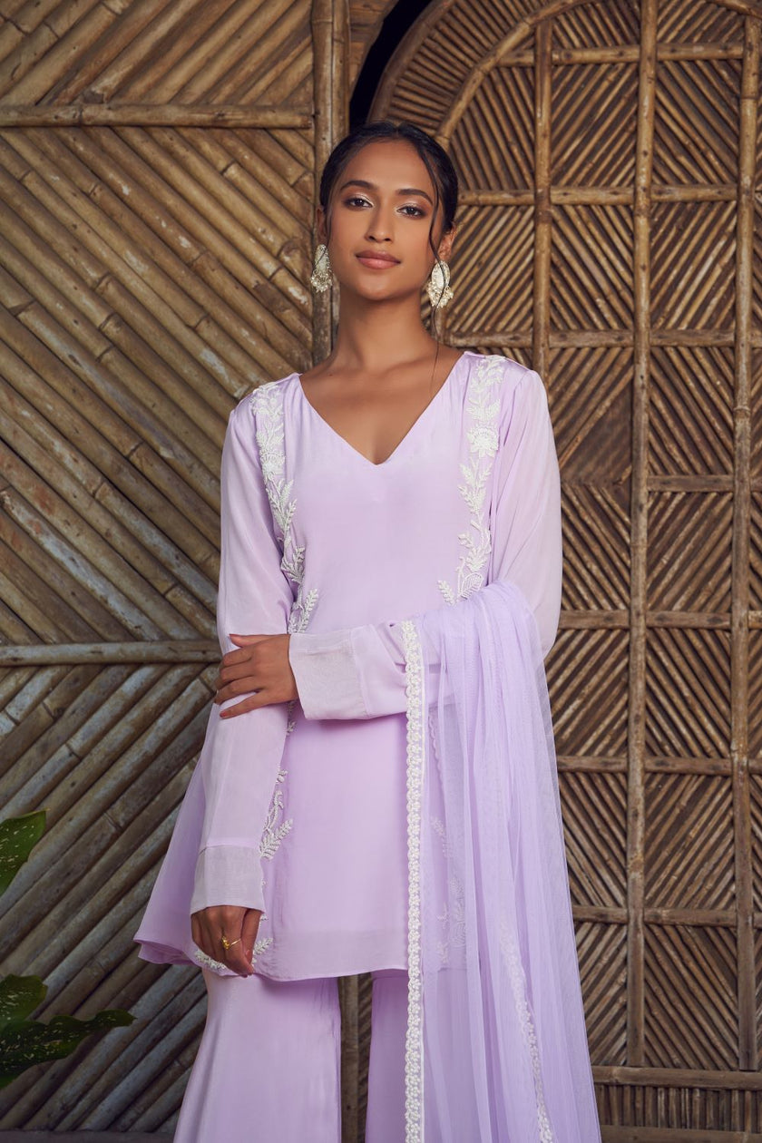 Lilac Hand Embroidered Short Kurta and Sharara set with Dupatta
