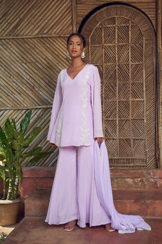 Lilac Hand Embroidered Short Kurta and Sharara set with Dupatta