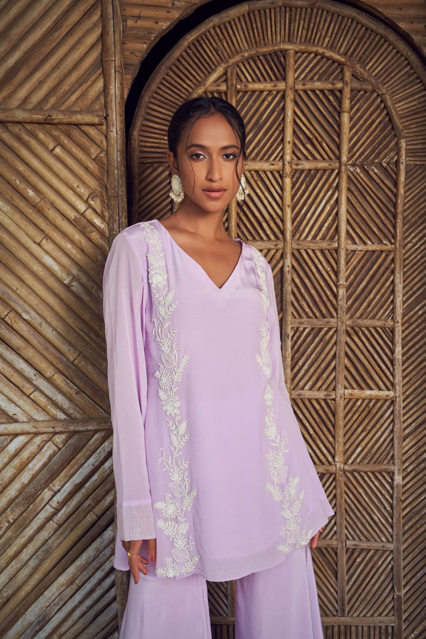 Lilac Hand Embroidered Short Kurta and Sharara set with Dupatta